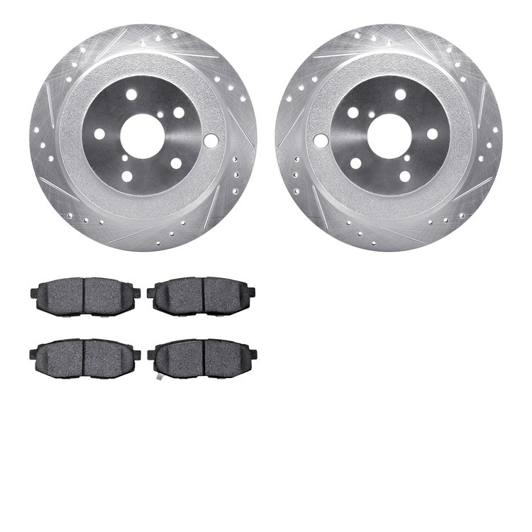 7502-13046 Drilled/Slotted Brake Rotors w/5000 Advanced Brake Pads Kit [Silver], 2006-2014 Subaru, Position: Rear