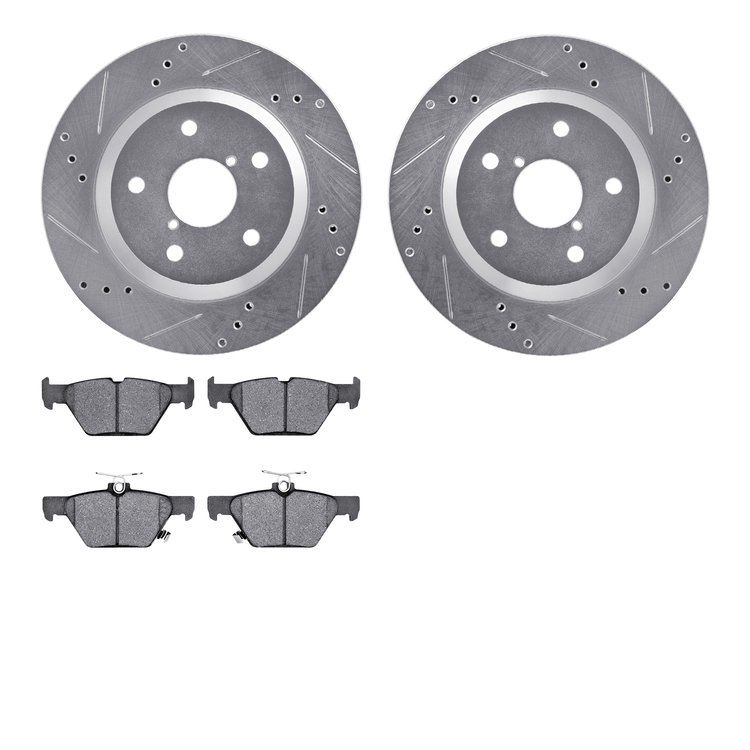 7502-13056 Drilled/Slotted Brake Rotors w/5000 Advanced Brake Pads Kit [Silver], Fits Select Subaru, Position: Rear