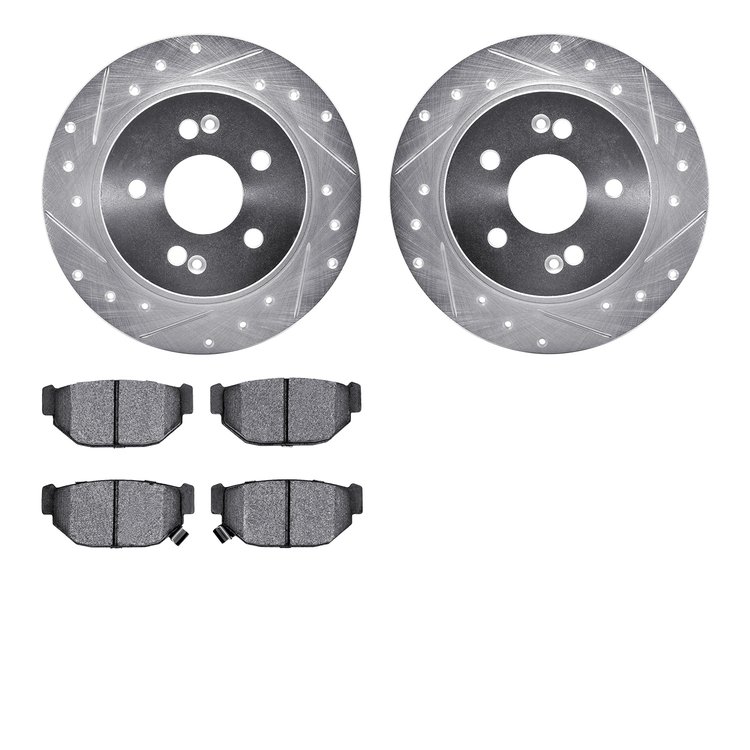 7502-13060 Drilled/Slotted Brake Rotors w/5000 Advanced Brake Pads Kit [Silver], 1988-1991 Subaru, Position: Rear