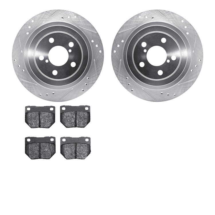 7502-13144 Drilled/Slotted Brake Rotors w/5000 Advanced Brake Pads Kit [Silver], 2006-2007 Subaru, Position: Rear