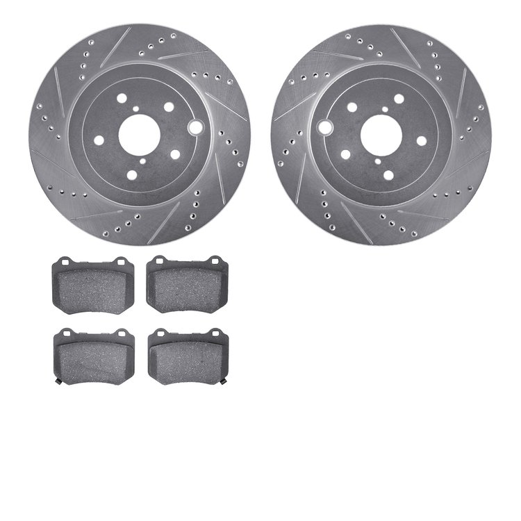 7502-13222 Drilled/Slotted Brake Rotors w/5000 Advanced Brake Pads Kit [Silver], 2018-2021 Subaru, Position: Rear