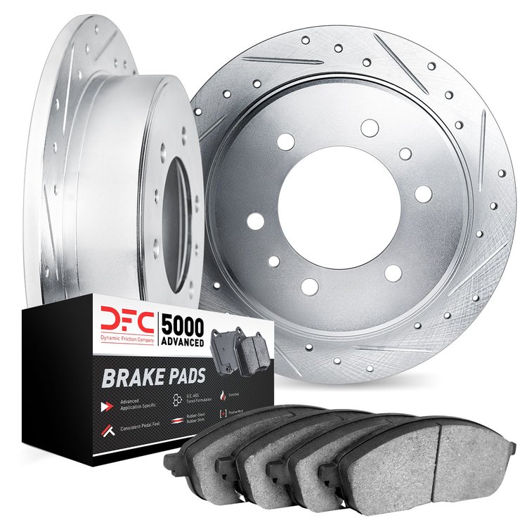 7502-16001 Drilled/Slotted Brake Rotors w/5000 Advanced Brake Pads Kit [Silver], 1975-1979 Alfa Romeo, Position: Rear