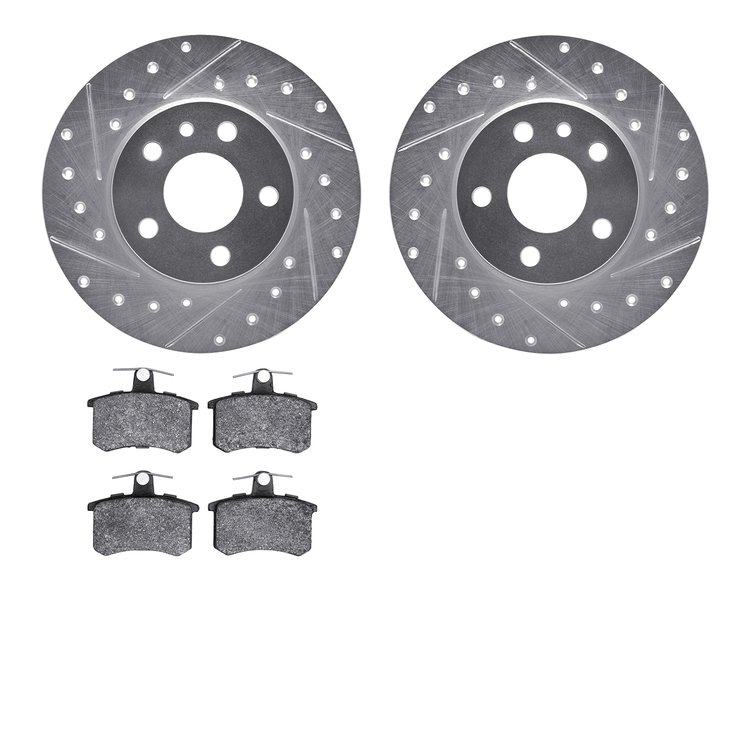 7502-16008 Drilled/Slotted Brake Rotors w/5000 Advanced Brake Pads Kit [Silver], 1991-1995 Alfa Romeo, Position: Rear