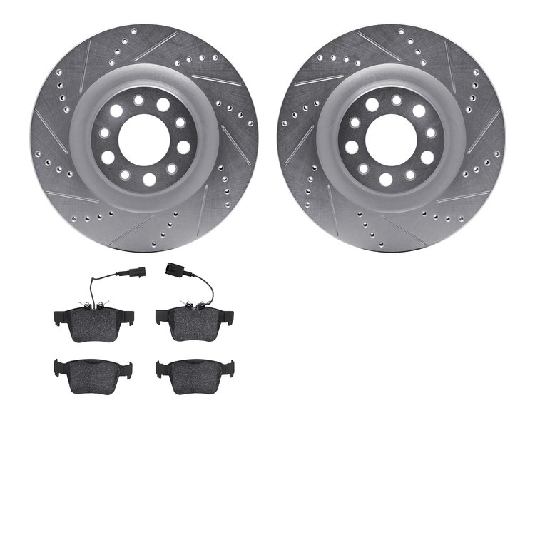 7502-16011 Drilled/Slotted Brake Rotors w/5000 Advanced Brake Pads Kit [Silver], 2017-2021 Alfa Romeo, Position: Rear