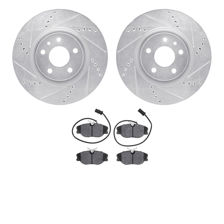 7502-16033 Drilled/Slotted Brake Rotors w/5000 Advanced Brake Pads Kit [Silver], 1991-1993 Alfa Romeo, Position: Front