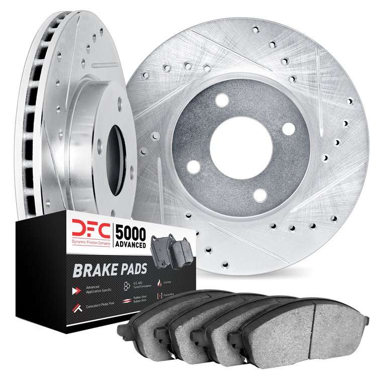 7502-18000 Drilled/Slotted Brake Rotors w/5000 Advanced Brake Pads Kit [Silver], 1999-2002 GM, Position: Front