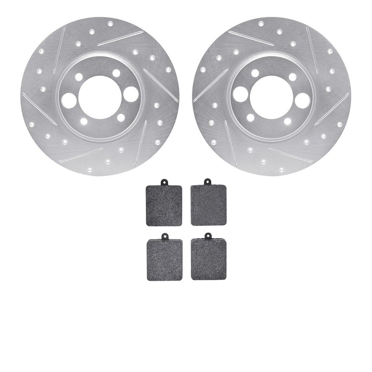 7502-20001 Drilled/Slotted Brake Rotors w/5000 Advanced Brake Pads Kit [Silver], 1962-1967 Jaguar, Position: Rear