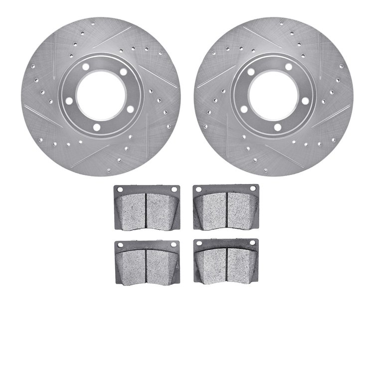 7502-20002 Drilled/Slotted Brake Rotors w/5000 Advanced Brake Pads Kit [Silver], 1971-1974 Jaguar, Position: Front