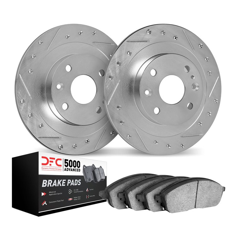 7502-20005 Drilled/Slotted Brake Rotors w/5000 Advanced Brake Pads Kit [Silver], 1983-1993 Jaguar, Position: Rear