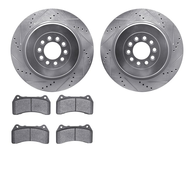 7502-20016 Drilled/Slotted Brake Rotors w/5000 Advanced Brake Pads Kit [Silver], 2003-2005 Jaguar, Position: Front