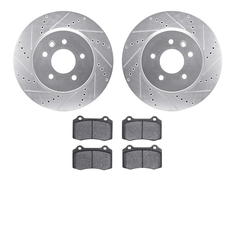 7502-20018 Drilled/Slotted Brake Rotors w/5000 Advanced Brake Pads Kit [Silver], 2000-2006 Jaguar, Position: Rear