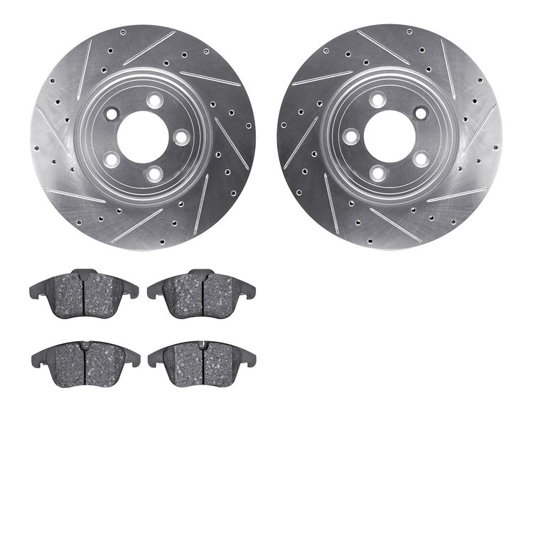 7502-20021 Drilled/Slotted Brake Rotors w/5000 Advanced Brake Pads Kit [Silver], 2006-2010 Jaguar, Position: Front