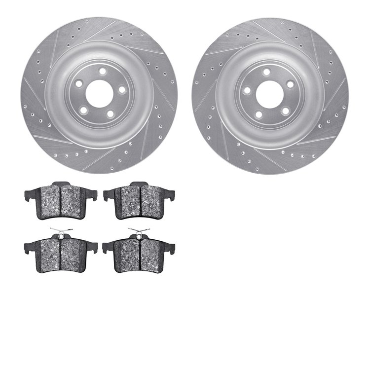 7502-20026 Drilled/Slotted Brake Rotors w/5000 Advanced Brake Pads Kit [Silver], 2010-2017 Jaguar, Position: Rear