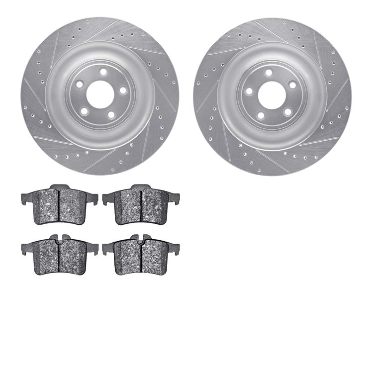 7502-20027 Drilled/Slotted Brake Rotors w/5000 Advanced Brake Pads Kit [Silver], 2013-2015 Jaguar, Position: Rear