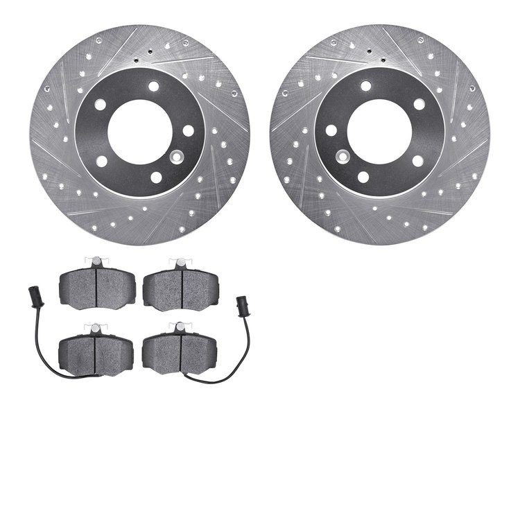 7502-20037 Drilled/Slotted Brake Rotors w/5000 Advanced Brake Pads Kit [Silver], 1986-1987 Jaguar, Position: Front