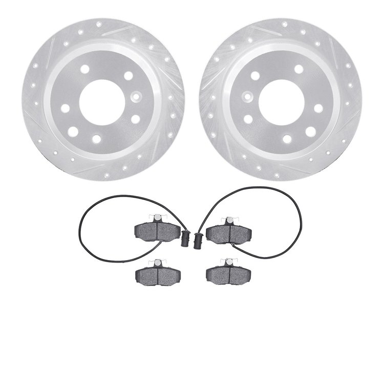 7502-20040 Drilled/Slotted Brake Rotors w/5000 Advanced Brake Pads Kit [Silver], 1986-1987 Jaguar, Position: Rear