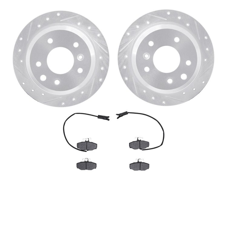 7502-20041 Drilled/Slotted Brake Rotors w/5000 Advanced Brake Pads Kit [Silver], 1987-1989 Jaguar, Position: Rear
