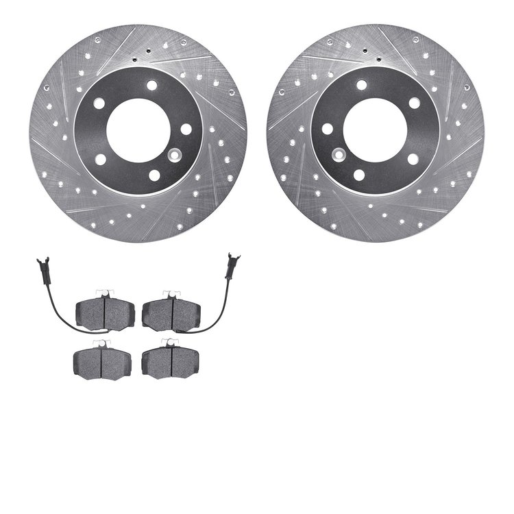 7502-20046 Drilled/Slotted Brake Rotors w/5000 Advanced Brake Pads Kit [Silver], 1987-1989 Jaguar, Position: Front