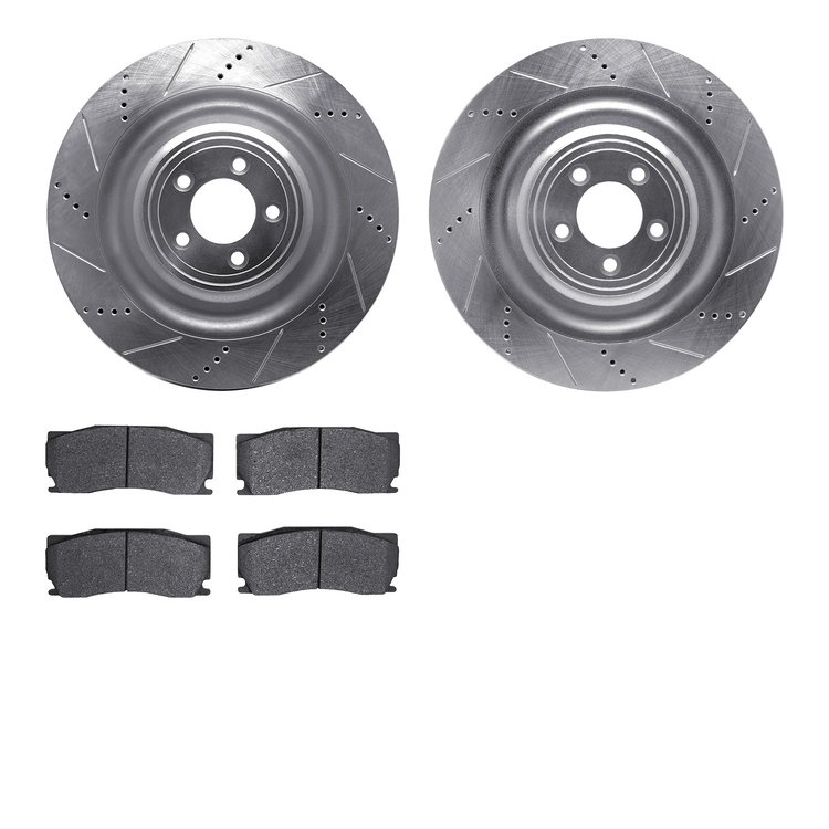 7502-20114 Drilled/Slotted Brake Rotors w/5000 Advanced Brake Pads Kit [Silver], 2008-2009 Jaguar, Position: Front