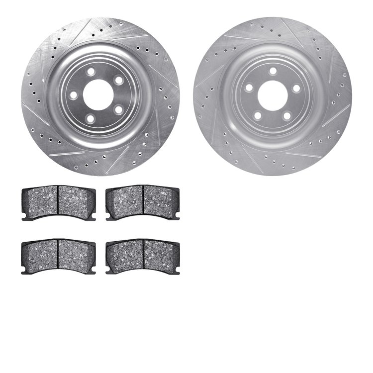 7502-20115 Drilled/Slotted Brake Rotors w/5000 Advanced Brake Pads Kit [Silver], 2008-2009 Jaguar, Position: Rear