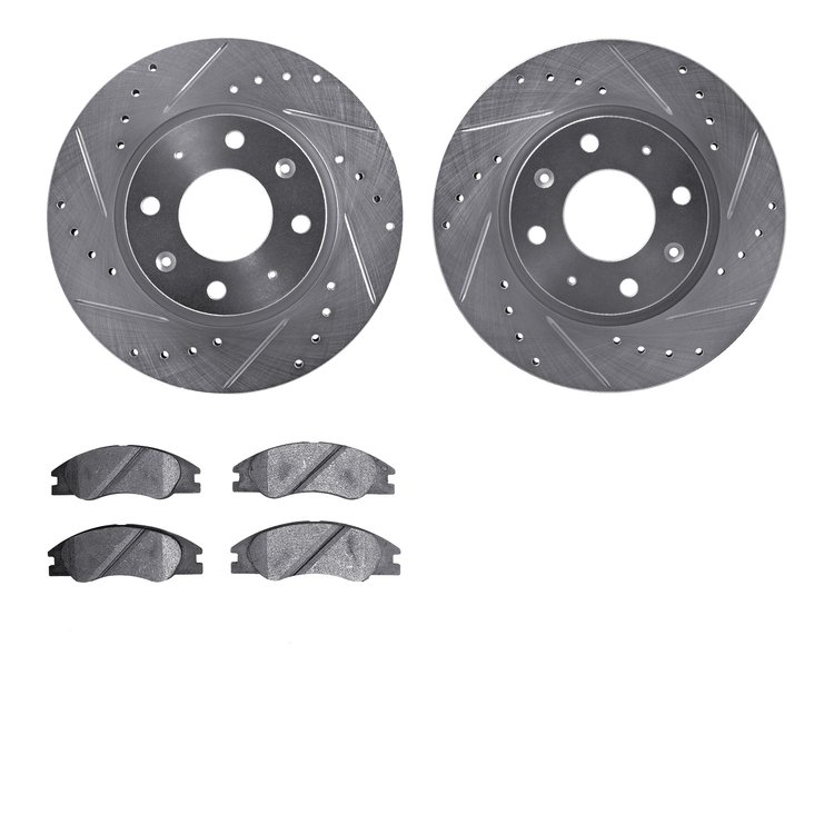 7502-21005 Drilled/Slotted Brake Rotors w/5000 Advanced Brake Pads Kit [Silver], 2004-2009 Kia/Hyundai/Genesis, Position: Front