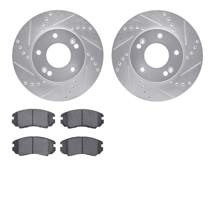 7502-21011 Drilled/Slotted Brake Rotors w/5000 Advanced Brake Pads Kit [Silver], 2010-2011 Kia/Hyundai/Genesis, Position: Front