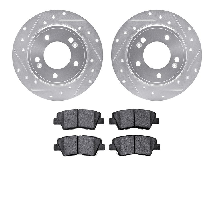7502-21036 Drilled/Slotted Brake Rotors w/5000 Advanced Brake Pads Kit [Silver], Fits Select Kia/Hyundai/Genesis, Position: Rear