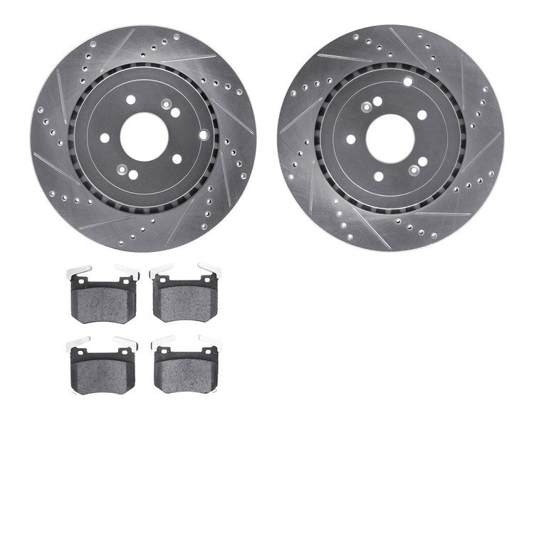 7502-21048 Drilled/Slotted Brake Rotors w/5000 Advanced Brake Pads Kit [Silver], Fits Select Kia/Hyundai/Genesis, Position: Rear