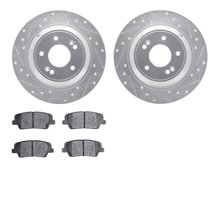 7502-21050 Drilled/Slotted Brake Rotors w/5000 Advanced Brake Pads Kit [Silver], Fits Select Kia/Hyundai/Genesis, Position: Rear