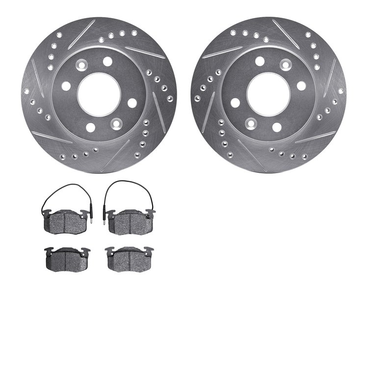 7502-23007 Drilled/Slotted Brake Rotors w/5000 Advanced Brake Pads Kit [Silver], 1983-1985 Renault, Position: Front