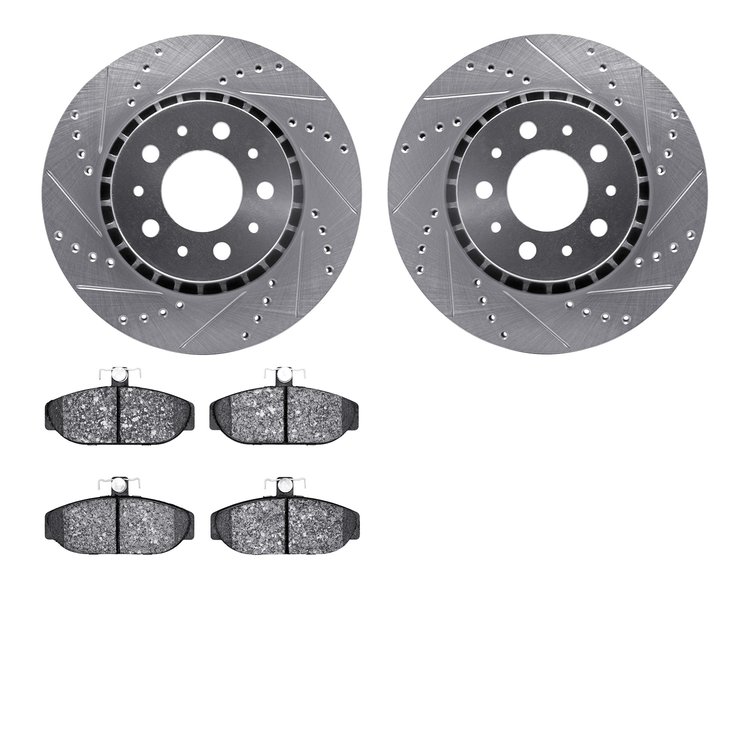 7502-27012 Drilled/Slotted Brake Rotors w/5000 Advanced Brake Pads Kit [Silver], 1983-1992 Volvo, Position: Front