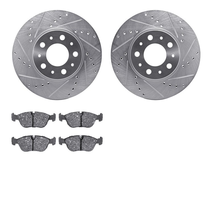 7502-27018 Drilled/Slotted Brake Rotors w/5000 Advanced Brake Pads Kit [Silver], 1996-2000 Volvo, Position: Front
