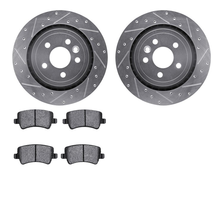 7502-27042 Drilled/Slotted Brake Rotors w/5000 Advanced Brake Pads Kit [Silver], 2007-2015 Volvo, Position: Rear