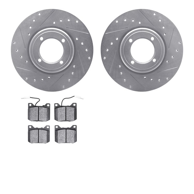 7502-28001 Drilled/Slotted Brake Rotors w/5000 Advanced Brake Pads Kit [Silver], 1969-1983 Peugeot, Position: Front