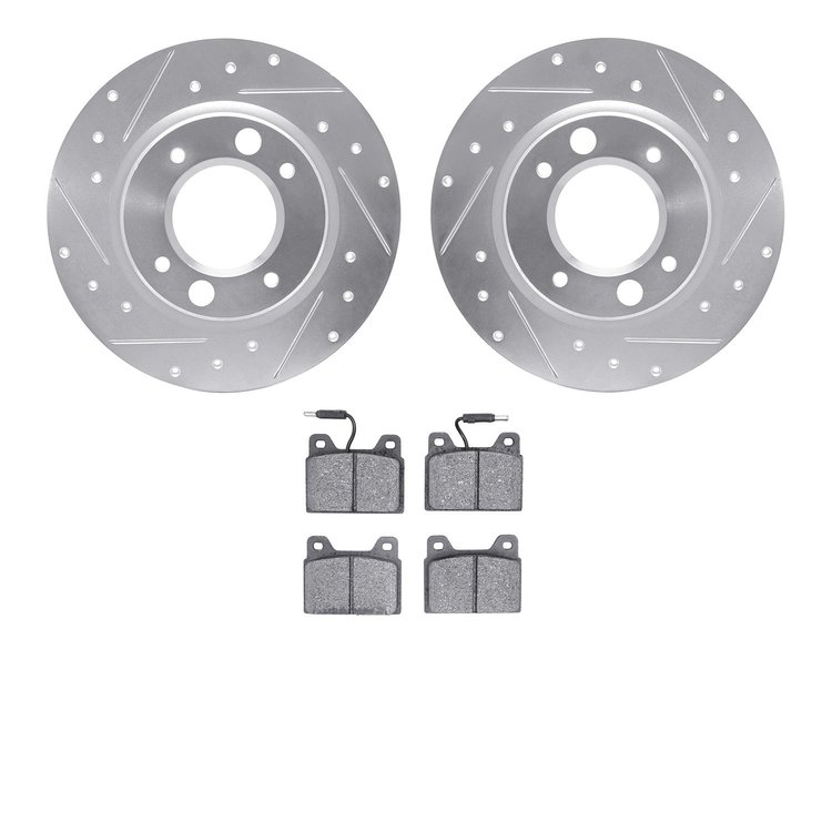 7502-28016 Drilled/Slotted Brake Rotors w/5000 Advanced Brake Pads Kit [Silver], 1971-1989 Peugeot, Position: Rear