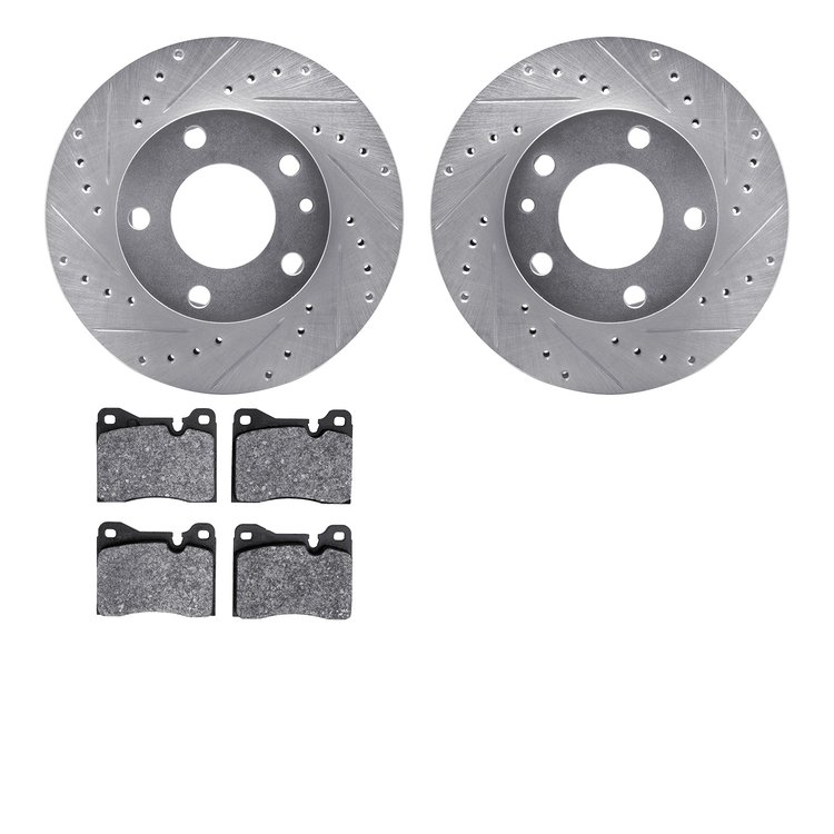 7502-31008 Drilled/Slotted Brake Rotors w/5000 Advanced Brake Pads Kit [Silver], 1976-1982 BMW, Position: Front