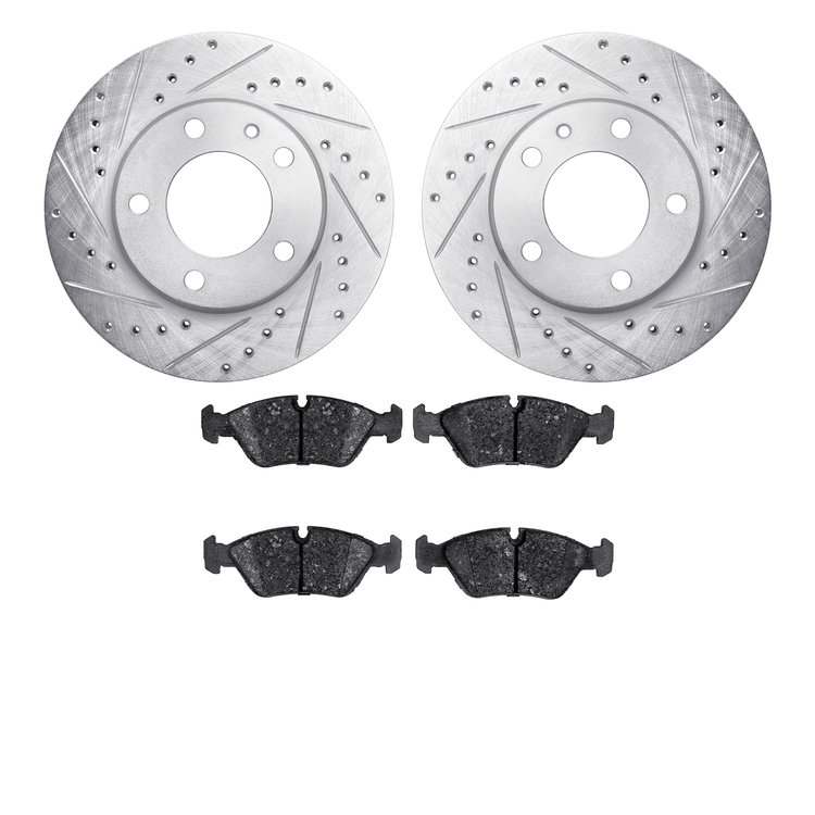 7502-31015 Drilled/Slotted Brake Rotors w/5000 Advanced Brake Pads Kit [Silver], 1982-1988 BMW, Position: Front