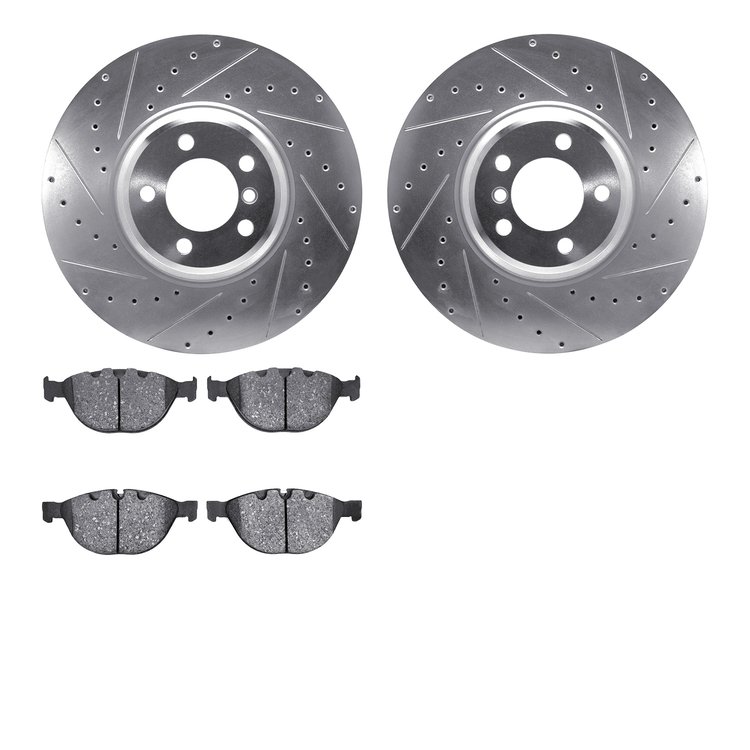 7502-31075 Drilled/Slotted Brake Rotors w/5000 Advanced Brake Pads Kit [Silver], 2007-2008 BMW, Position: Front