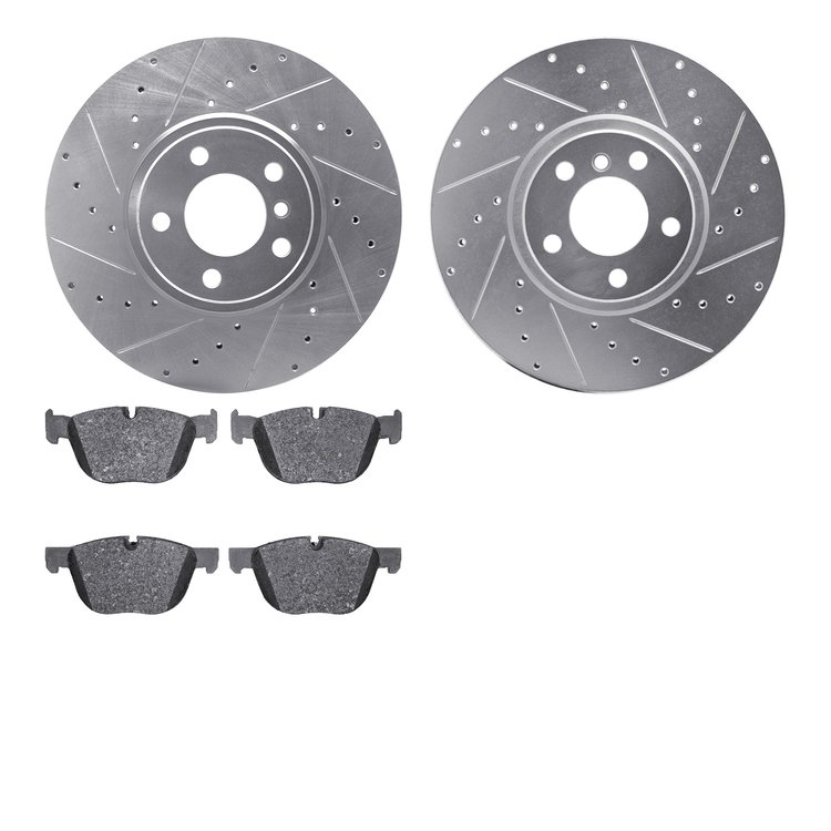 7502-31129 Drilled/Slotted Brake Rotors w/5000 Advanced Brake Pads Kit [Silver], 2007-2018 BMW, Position: Front