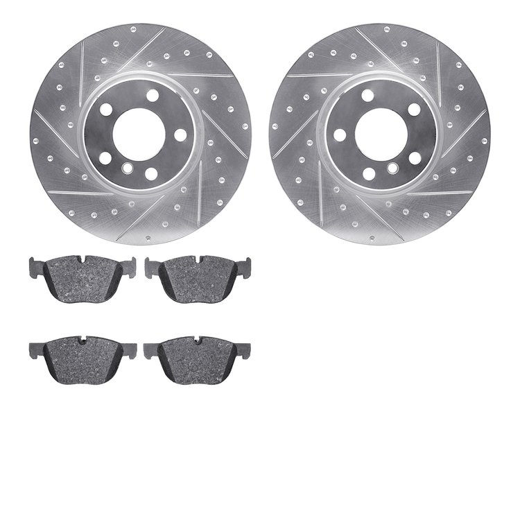 7502-31153 Drilled/Slotted Brake Rotors w/5000 Advanced Brake Pads Kit [Silver], 2016-2018 BMW, Position: Front