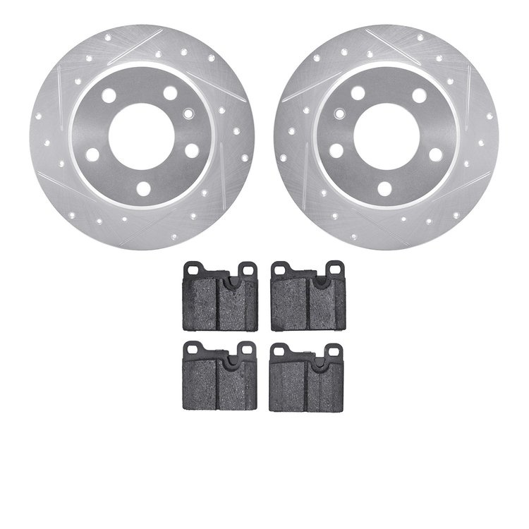 7502-31182 Drilled/Slotted Brake Rotors w/5000 Advanced Brake Pads Kit [Silver], 1978-1981 BMW, Position: Rear