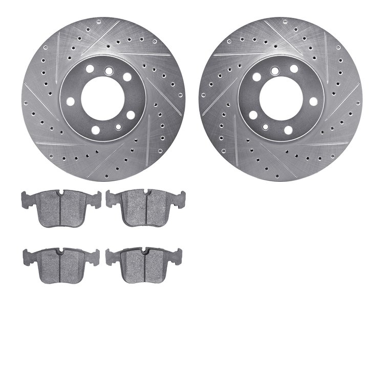 7502-31245 Drilled/Slotted Brake Rotors w/5000 Advanced Brake Pads Kit [Silver], 1991-1993 BMW, Position: Front