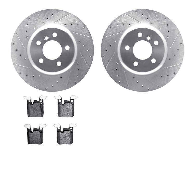 7502-31590 Drilled/Slotted Brake Rotors w/5000 Advanced Brake Pads Kit [Silver], 2013-2021 BMW, Position: Rear