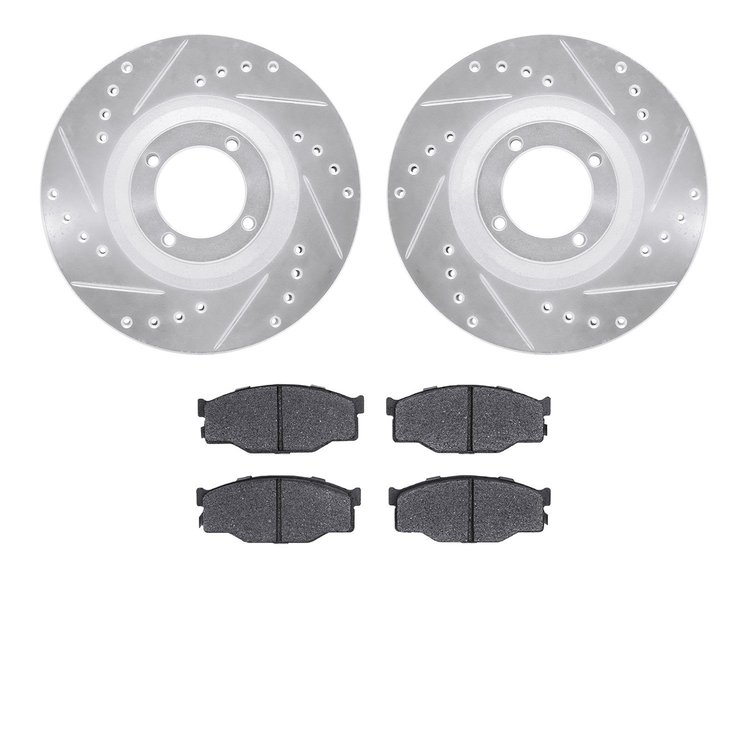 7502-37023 Drilled/Slotted Brake Rotors w/5000 Advanced Brake Pads Kit [Silver], 1983-1990 GM, Position: Front
