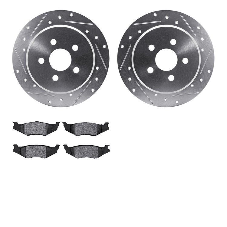 7502-39003 Drilled/Slotted Brake Rotors w/5000 Advanced Brake Pads Kit [Silver], 1995-2003 Mopar, Position: Rear
