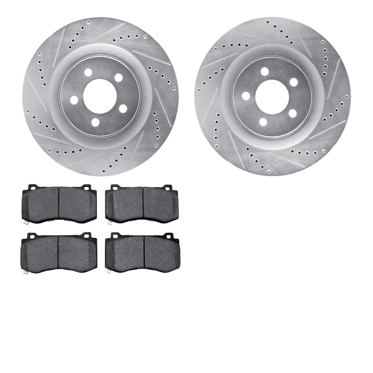 7502-39010 Drilled/Slotted Brake Rotors w/5000 Advanced Brake Pads Kit [Silver], Fits Select Mopar, Position: Front