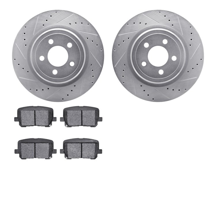 7502-39012 Drilled/Slotted Brake Rotors w/5000 Advanced Brake Pads Kit [Silver], Fits Select Mopar, Position: Rear