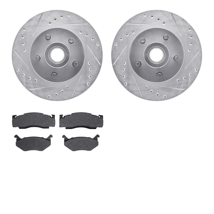 7502-39032 Drilled/Slotted Brake Rotors w/5000 Advanced Brake Pads Kit [Silver], 1973-1989 Mopar, Position: Front