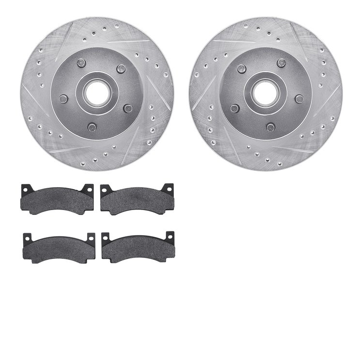 7502-39033 Drilled/Slotted Brake Rotors w/5000 Advanced Brake Pads Kit [Silver], 1973-1976 Mopar, Position: Front