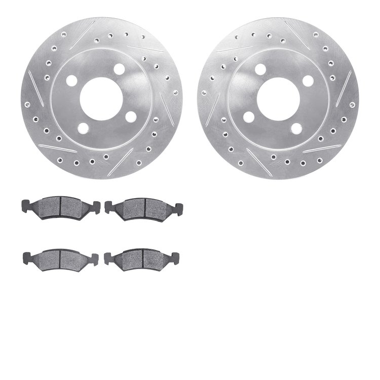 7502-39038 Drilled/Slotted Brake Rotors w/5000 Advanced Brake Pads Kit [Silver], 1981-1987 Mopar, Position: Front